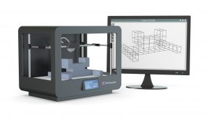 one 3d printer with a computer monitor with a cam software, and a prototype (3d render)